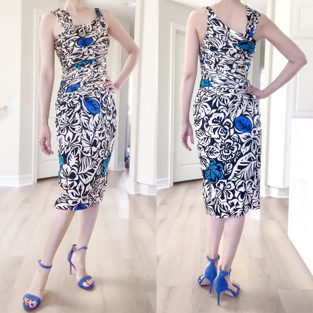 SILKS BY ST. GILLAN Vibrant Floral Abstract Leaf Print Silk Wiggle Dress